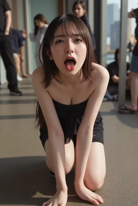full shot, (grab and lean against a pole:1.5), ( top quality, masterpiece:1.2), highly detailed , high res, 8k Wallpaper, perfect dynamic composition, Real textured skin,white skin, Eyes with Attention to Details , look up at the sky, Knees on the ground, ...
