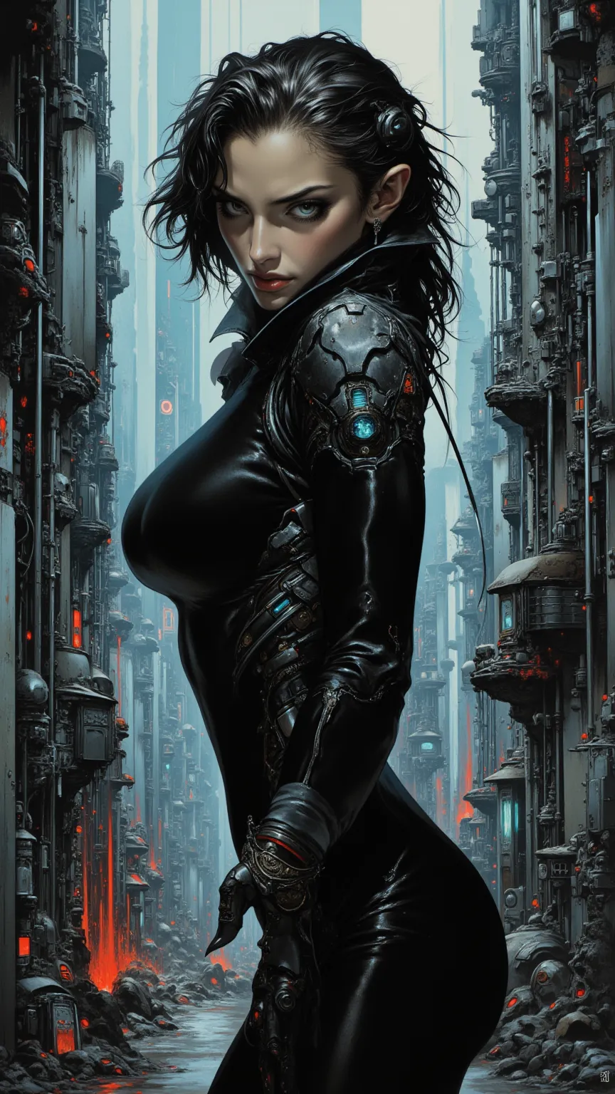 full body, Cyberpunk Arab women，fear ，sci-fi，future，Sexy，Wayne Reynolds draws，in a highly detailed and dynamic style, 