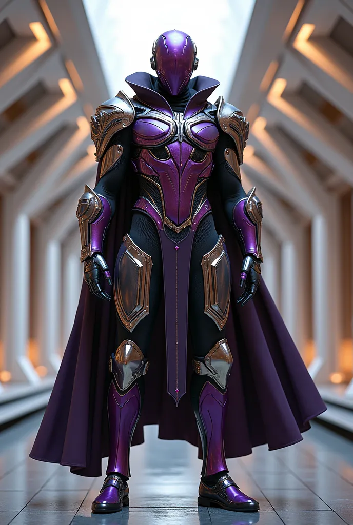 Soldier of the Futuristic and Artistically Designed House Ecaz, ornate armor, futuristic and artistically designed, Colors purple,  silver and gold 