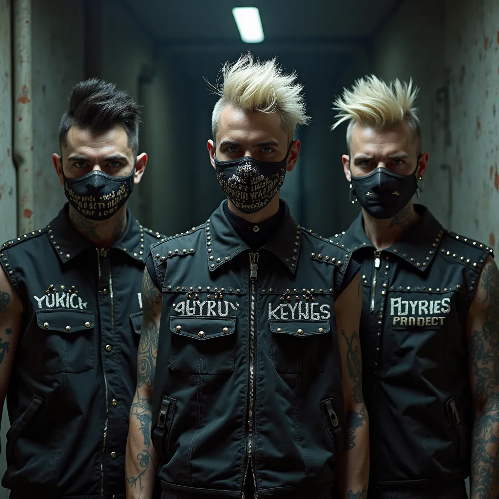 Make 3 guys in punk style masks have mowhak hair and wearing vests that say KEYRIES PROJCT in a dark hallway