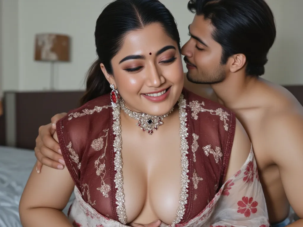 Side view,Full body image, indian hourglass body, Indian  plus sized age girl syamala, lovely face, suductive expression on face and lips, mouth slightly open, very huge breasts, wearing highly embroideried dark meroon colour glossy fully transparent chiff...