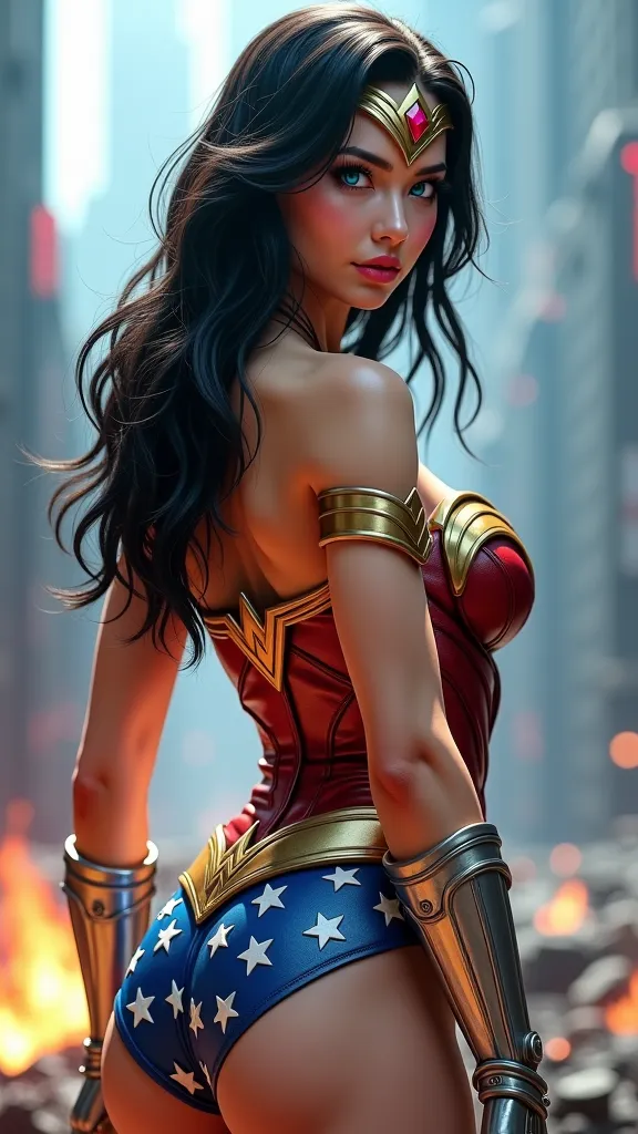 (Kiyosu_Beautiful Japanese woman cosplay Wonder Woman_V11), (Kiyosu_Beautiful Japanese woman cosplay Wonder Woman_debt.11), Beautiful Japanese woman cosplay Wonder Woman,(Wonder Woman:1.4),(Destroyed Doomsday City 　Suspended particles　Fire Magic, blue colo...