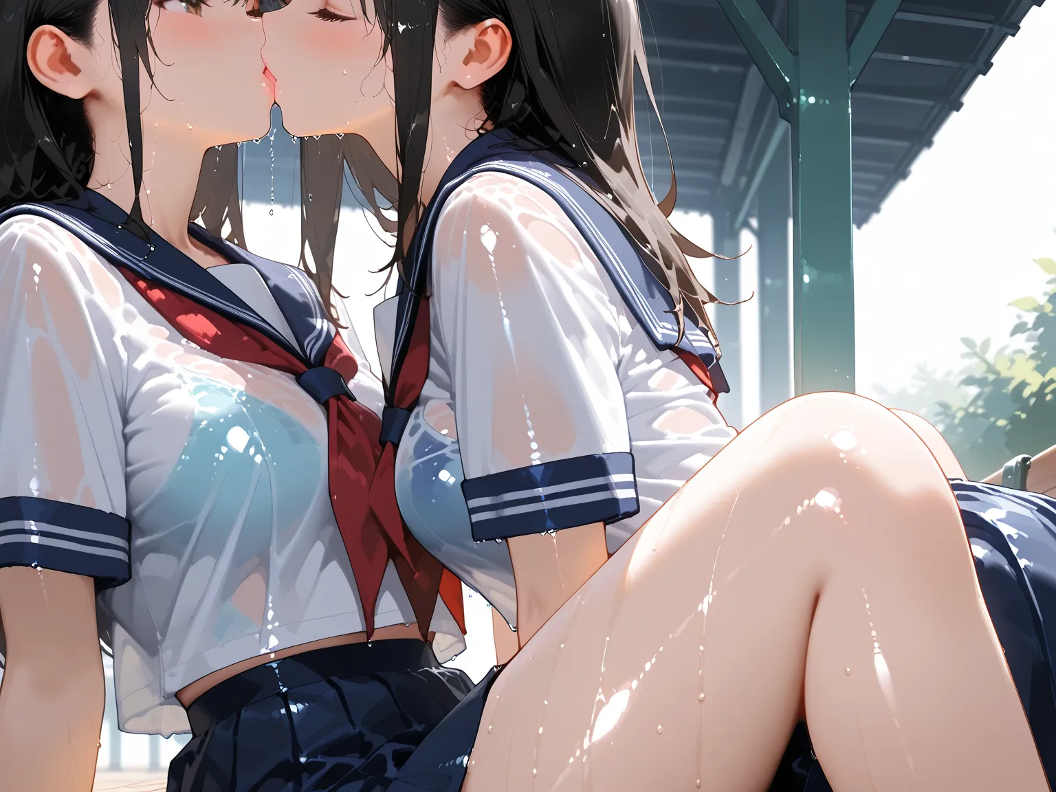 masterpiece, best quality, amazing quality, hyper-detailed, realistic, 2girls, wet, wet hair, wet clothes, wet skin, very wet skin, shiny skin, shiny clothes, Suchwet, detailed background, bench, school uniform, kiss, blushing