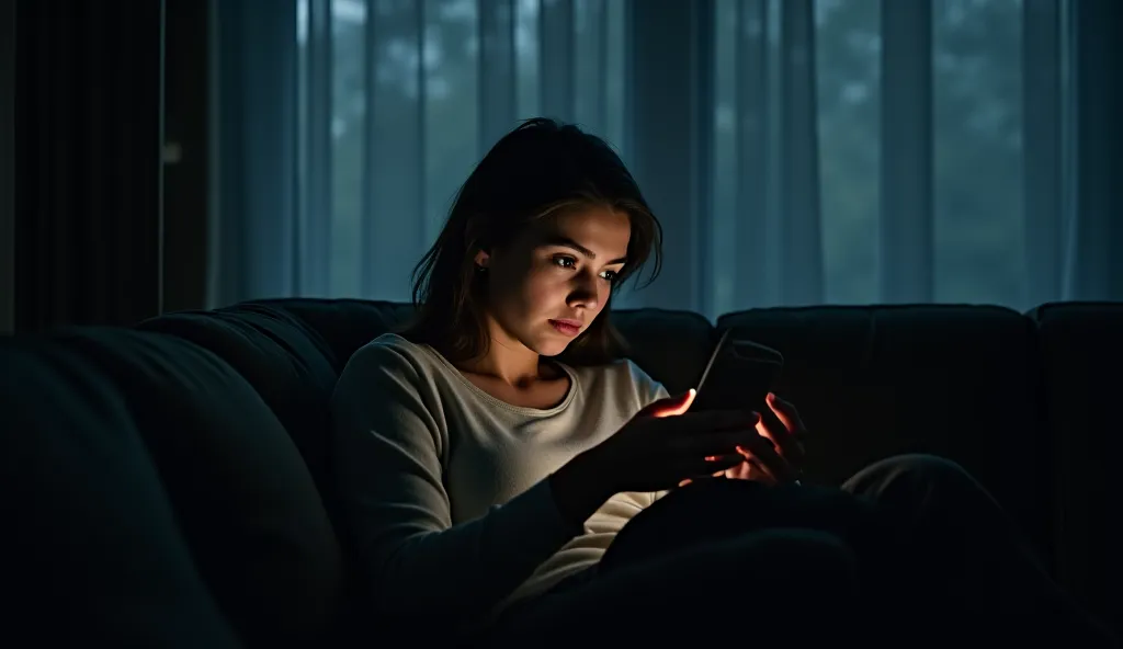 A young woman

sitting on the couch in a dimly lit living room, scrolling through her phone absentmindedly. Outside, a storm is beginning to brew, casting eerie shadows across the walls.