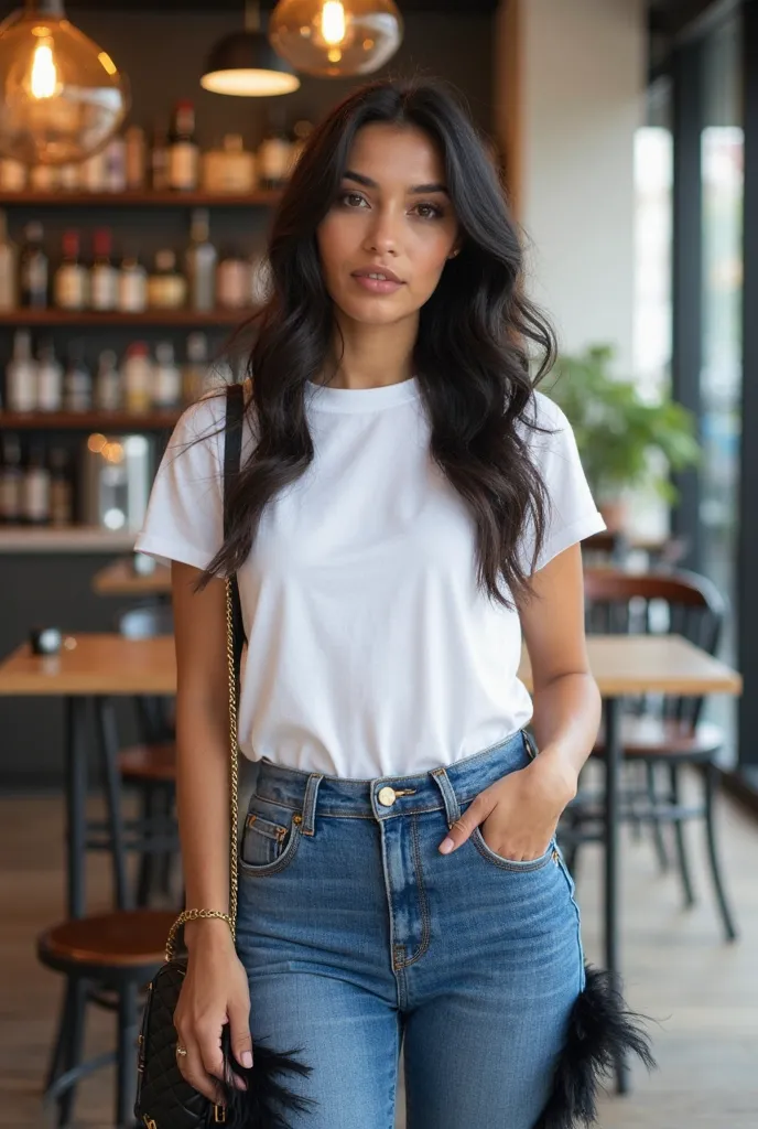  Mujer  KattiieMooss, 22 años Cejas peinadas ,maquillaje natural,labios gruegos con gloss, cabello negro largo a white T-shirt tucked into high-
waisted blue mom jeans with black
feathered hems, is also wearing black
pointed-toe heels with feather details
...