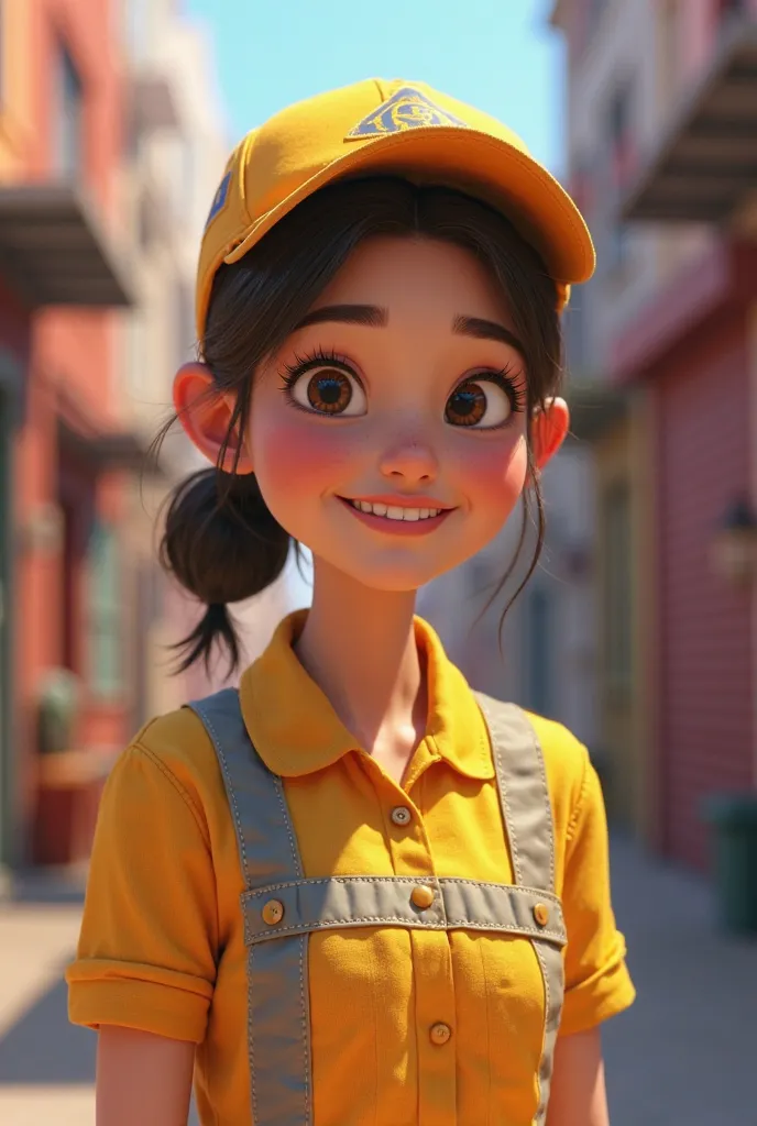 pixar type image, a woman wearing a safety vest, tied hair and cap