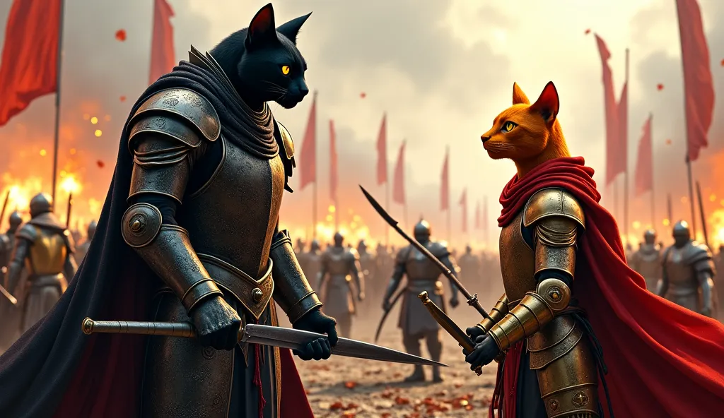 "A hyper-realistic, cinematic digital painting of a medieval fantasy battlefield ruled by anthropomorphic feline warriors. The scene features a muscular black feline warlord, standing tall in the foreground with fierce glowing eyes, wearing dark, intricate...