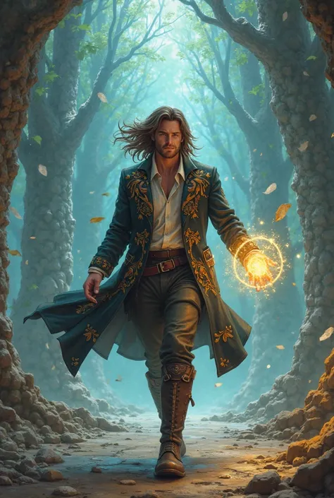 a brunette man with hair from ear to ear in an embroidered jacket high boots walks forward the floors are developing, magic ball in an outstretched hand