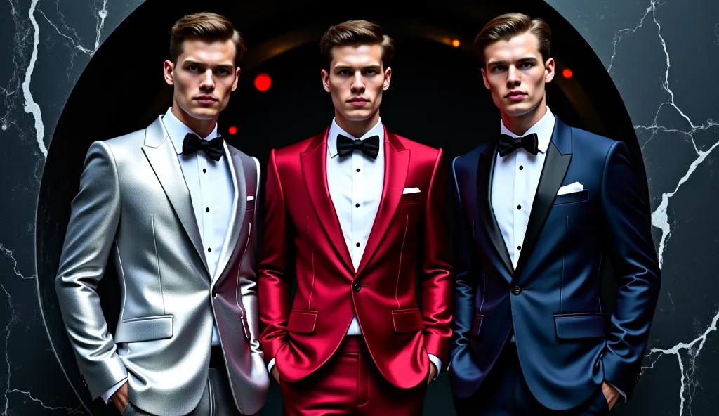 Three high fashion male models wearing tuxedo. One is wearing a silver groom tuxedo, one is wearing a dark red tuxedo and one is wearing a dark blue tuxedo. They are in a black and silver marble cave with minimal red and blue lights. Their poses are cool. 