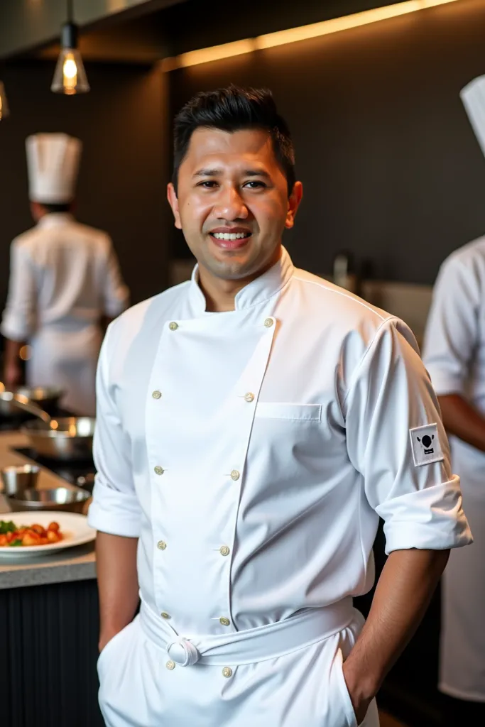 A 35-year-old Indonesian executive chef stands in a hotel kitchen, focused on the camera. He looks elegant wearing a long-sleeved chef's jacket, the photo quality is very sharp. Behind him, other chefs are seen cooking food. His body looks full and handsom...