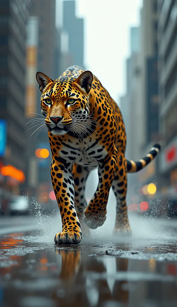 Create an image of a merging of mercury and a leopard against the background of a city, High resilience, environment, Lines of action, 