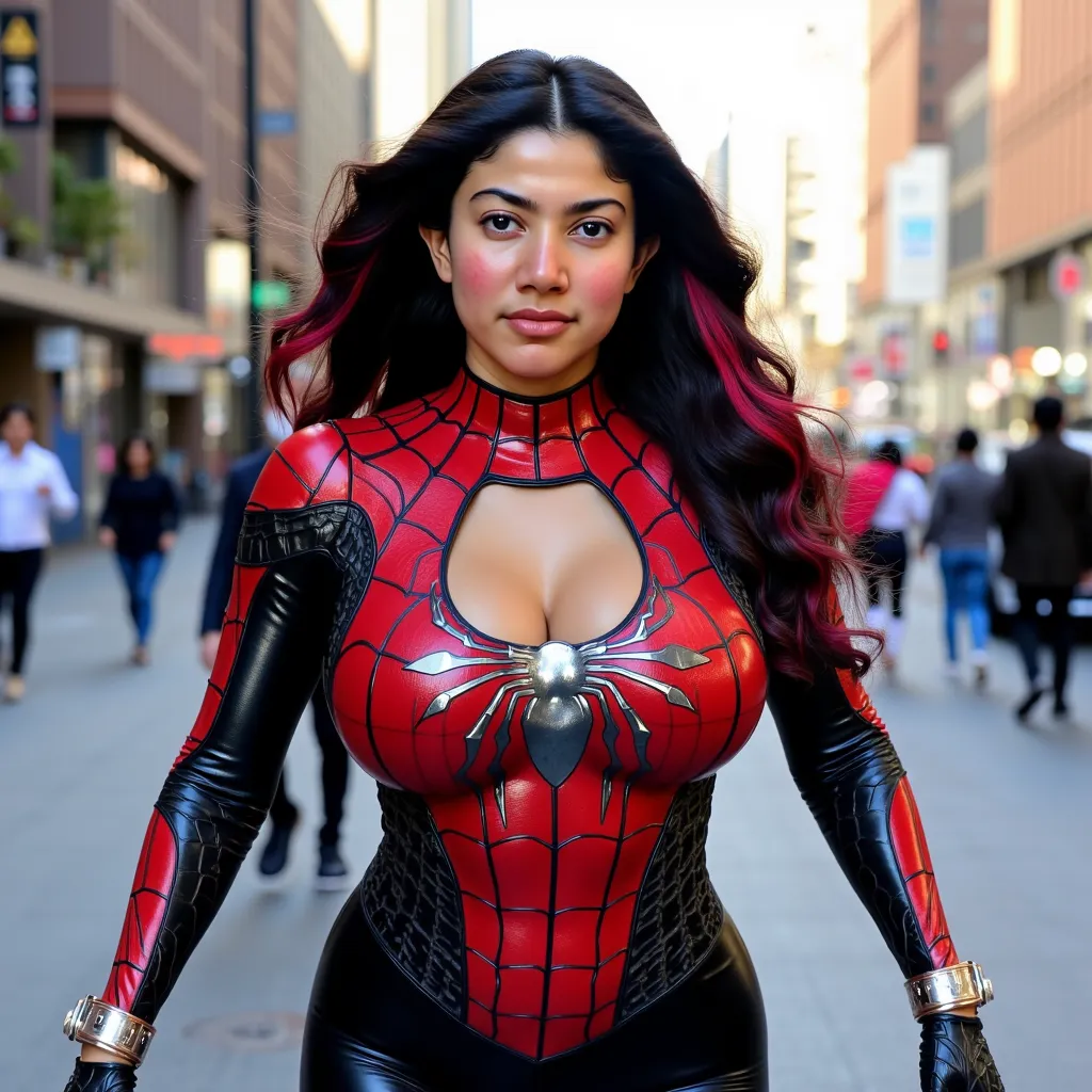 A stunning female superhero in a skin-tight, glossy red and black spider-themed bodysuit with intricate web patterns and metallic accents. The bodysuit has a bold, revealing chest cutout, adorned with a silver spider emblem at the center. She wears sleek b...