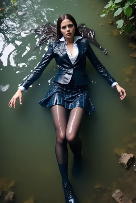 Schoolgirl in a school uniform suit, in a skirt, jacket, blouse, dark tights, high-heeled shoes. She is swimming in a dirty swamp, lying underwater, all her clothes are completely wet, wet clothes stick to her body, the whole body is underwater, submerged ...