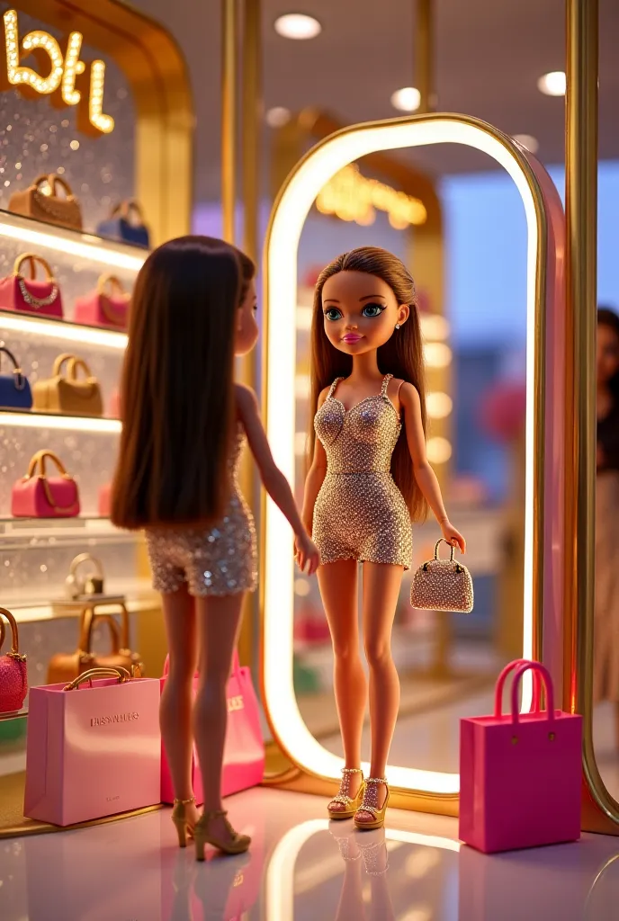 An L.O.L. OMG doll is inside a luxurious handbag boutique, trying on a glamorous new purse. Dressed in a sparkling, fashionable outfit, she stands in front of an elegant mirror, admiring how the stylish bag complements her look. The boutique’s interior is ...