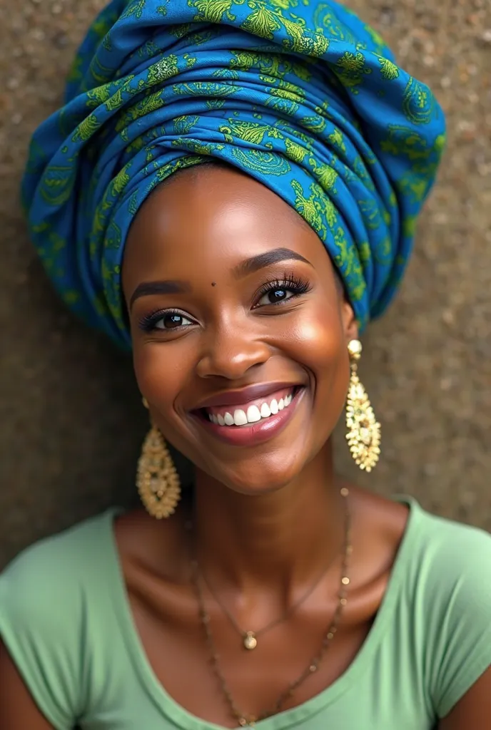 Une femme africaine souriante, portant un magnifique turban en tissu wax bleu avec des motifs verts. Elle a des boucles d’oreilles traditionnelles et un haut vert clair