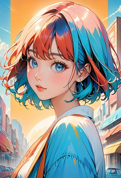 (top quality:1.2,  city pop style, very well detailed, Latest,  vibrant, high contrast due to , masterpiece:1.2, top quality, Aesthetics at its best), girls, (( FACE UP SHOT :1.4)), colorful hair leaving shoulders, bob cut the blue cloth, pastel color,  19...