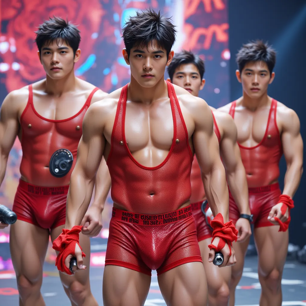  surreal,CG,super high quality,Muscular, fearless, and handsome 30-year-old Japanese male idol group wearing extremely transparent red boxer shorts made of transparent mesh material and wearing similarly large red mesh tank tops while dancing a dance that ...