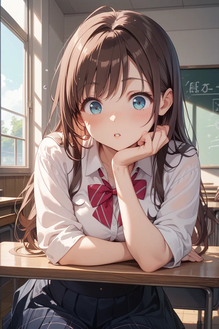 Kizuna Ai、dark brown hair、high school girl、The seat next to me、long hair、Window side、Staring at the blackboard and surprised、blush