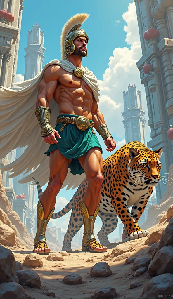 Create an image of the hero Mercury with a leopard on the side against the background of a city, High resilience, environment, Lines of action, 