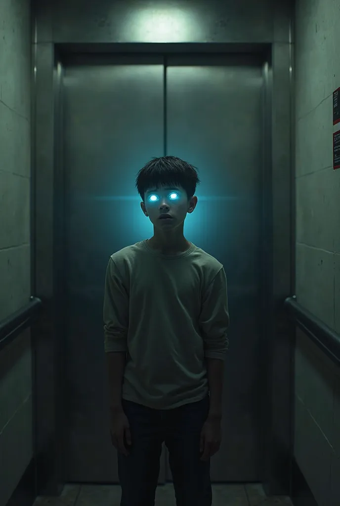 A fourteen-year-old distraught boy with eyes without pupils, shines at the elevator door