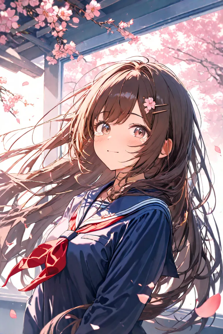 masterpiece,top quality,Super Detail,8k,A girl shedding tears of joy　brown hair long hair　 fluffy　Batten Hairpin　long sleeve navy blue sailor suit　graduation　classroom　Hair Shakes in the Wind　cherry blossoms