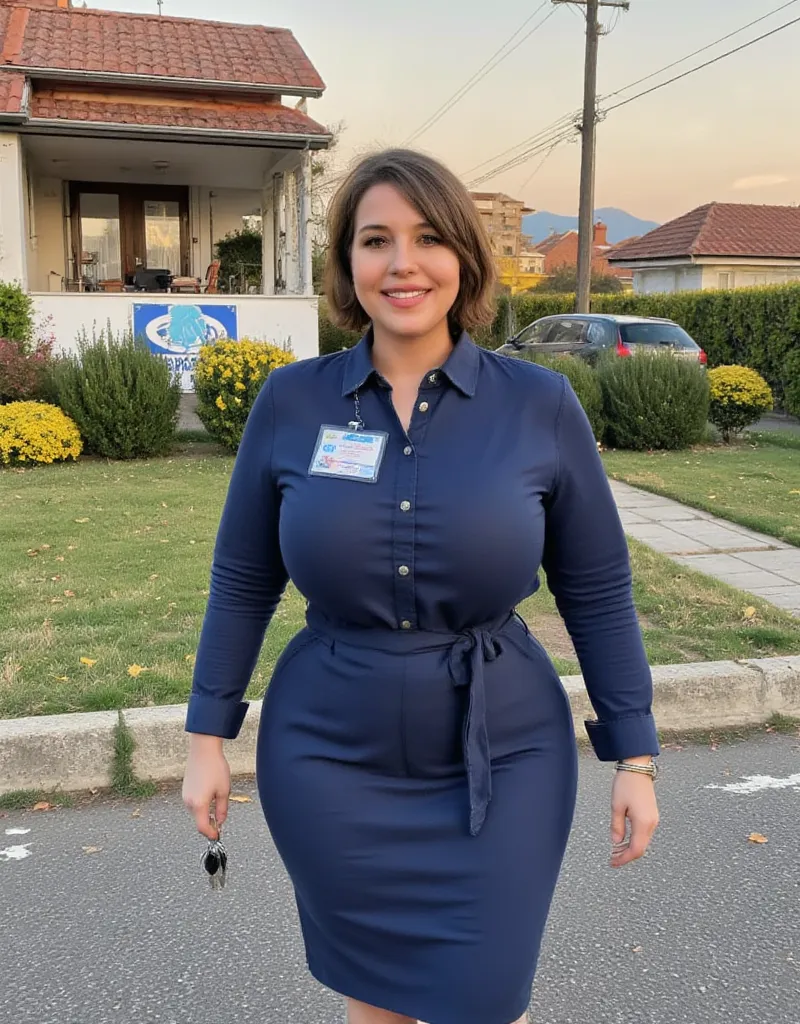 Short hair, brun hair, grosse poitrine, léger surpoids

 Femme souriante en robe professionnelle, debout devant une maison avec jardin, affichage du logo de l’agence, clés en main, soleil couchant, ambiance accueillante.