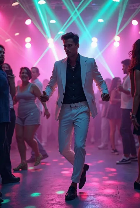 Medium build male with short black hair wearing black shirt with white suit on the Dance floor with other people dancing with pink and blue lights and green laser lights 