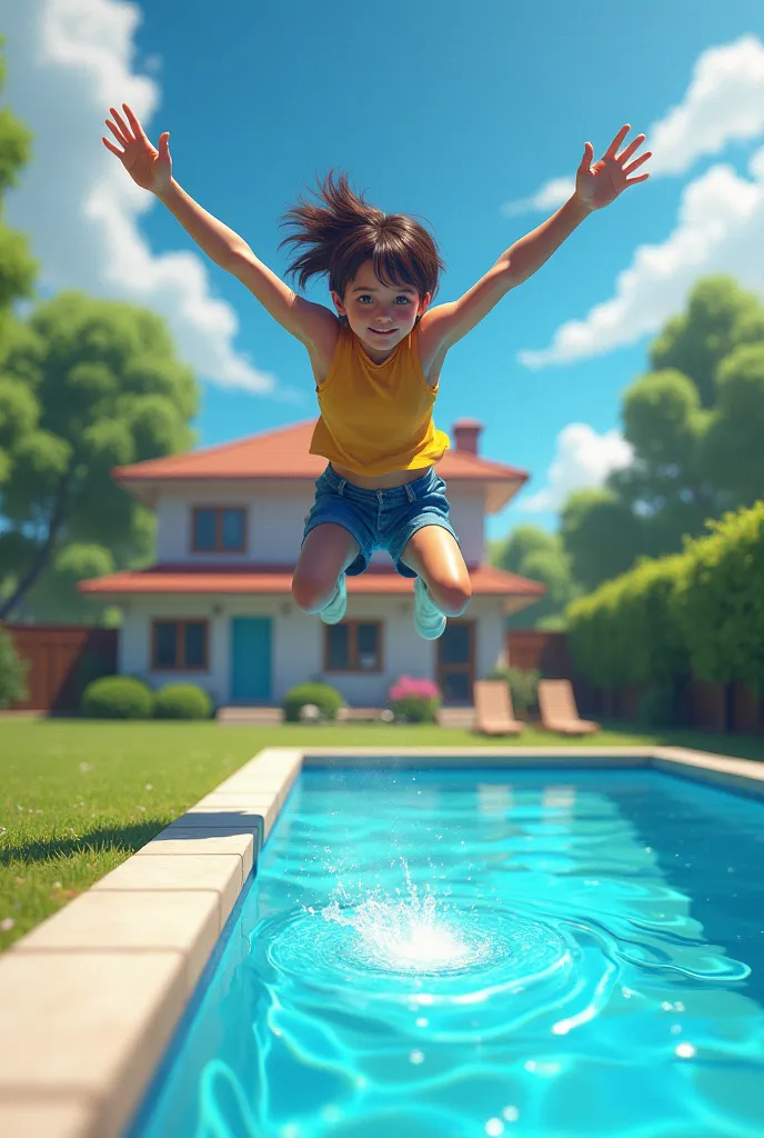 A picture of a person jumping from his house to a swimming pool