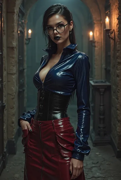 femme, vue de dos, latex, brillant, Les vampires, stricte, latex, brillant, chemisier latex bleu marine, longue jupe marron rouge latex, poches sur les fesses, serre taille latex noir, bretelles latex noir, bottes vinyle noir, visage mechant sévère, bouche...