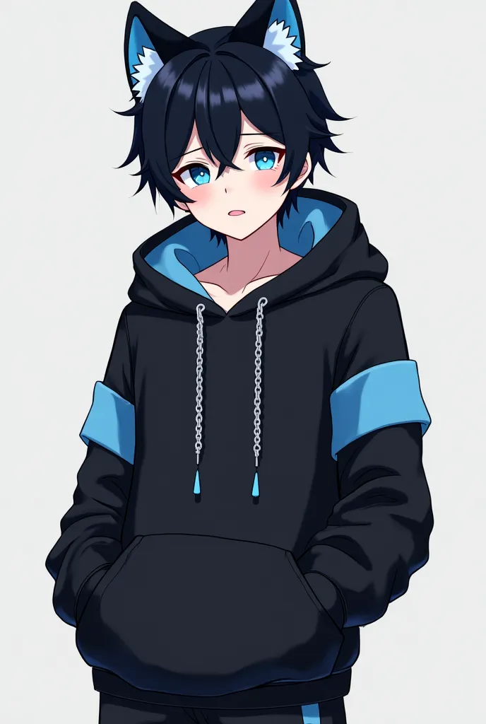 Make a young man with a sleepy and bored face , with light blue eyes and black hair, wearing a black sweatshirt with light and dark blue details hoodie with cat ears and little fur on the edge of the hood , black pants with dark blue details, wearing two k...