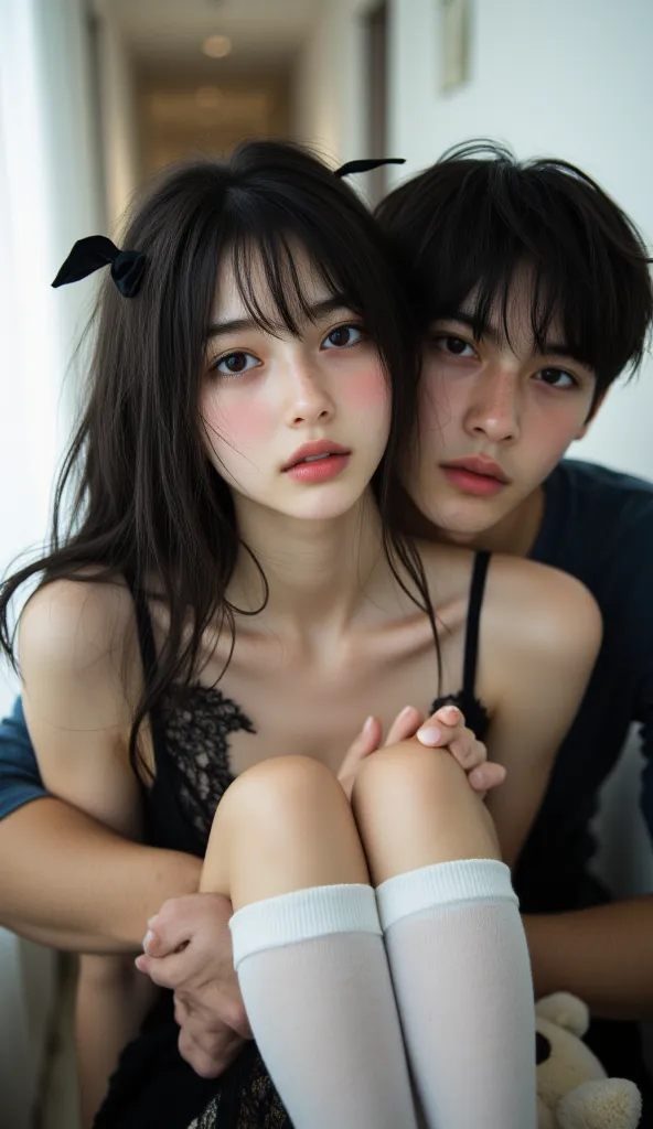 8k, masterpiece, highest quality, Korea's Beautiful Women, Close-up, high-angle.  Pale skin, long black hair, black bows, large eyes, small nose, full lips. Black lace nightgown, black ribbons, white knee-high socks. Relaxed, seated, teddy bear in lap.  Bl...