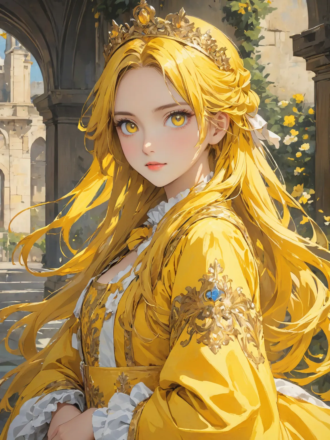 A girl with long yellow hair and yellow eyes wearing a yellow royal costume