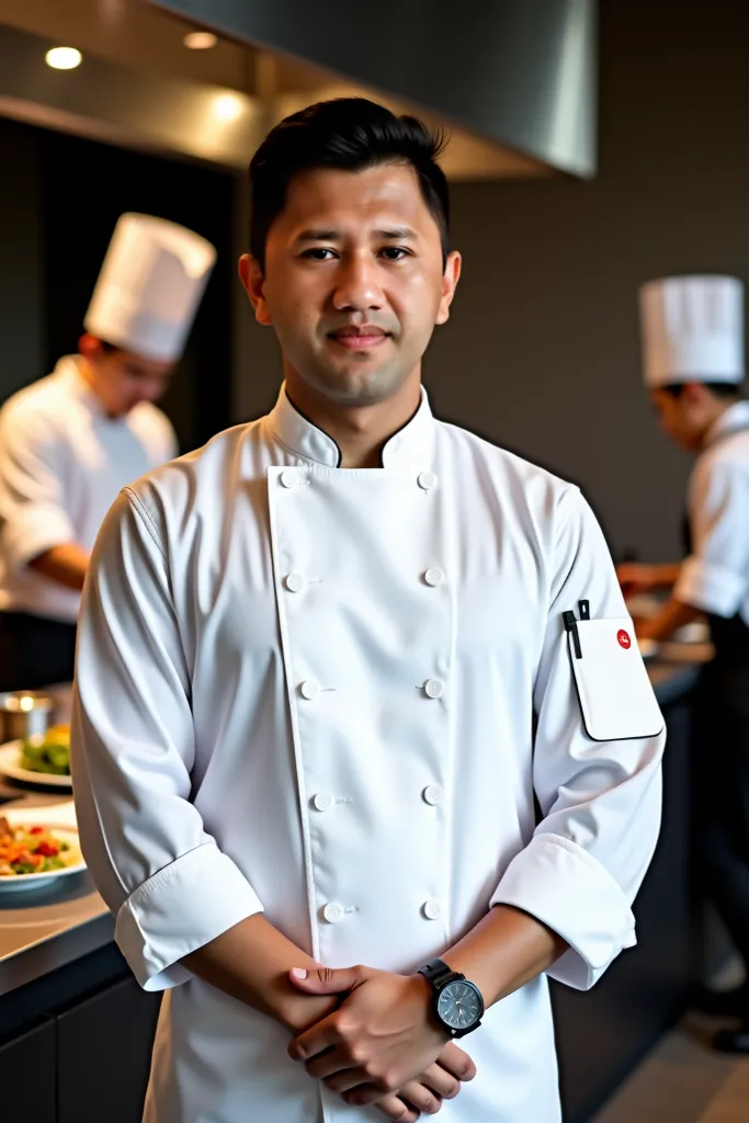 A 35-year-old Indonesian executive chef stands in a hotel kitchen, focused on the camera. He looks elegant wearing a long-sleeved chef's jacket, the photo quality is very sharp. Behind him, other chefs are seen cooking food. His body looks full and handsom...