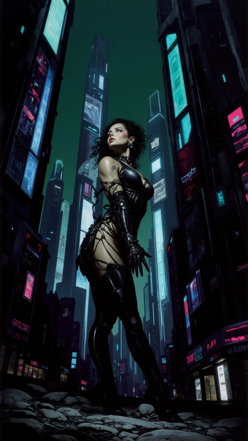 full body, Cyberpunk women，fear ，sci-fi，future，Sexy，Wayne Reynolds draws，in a highly detailed and dynamic style, 