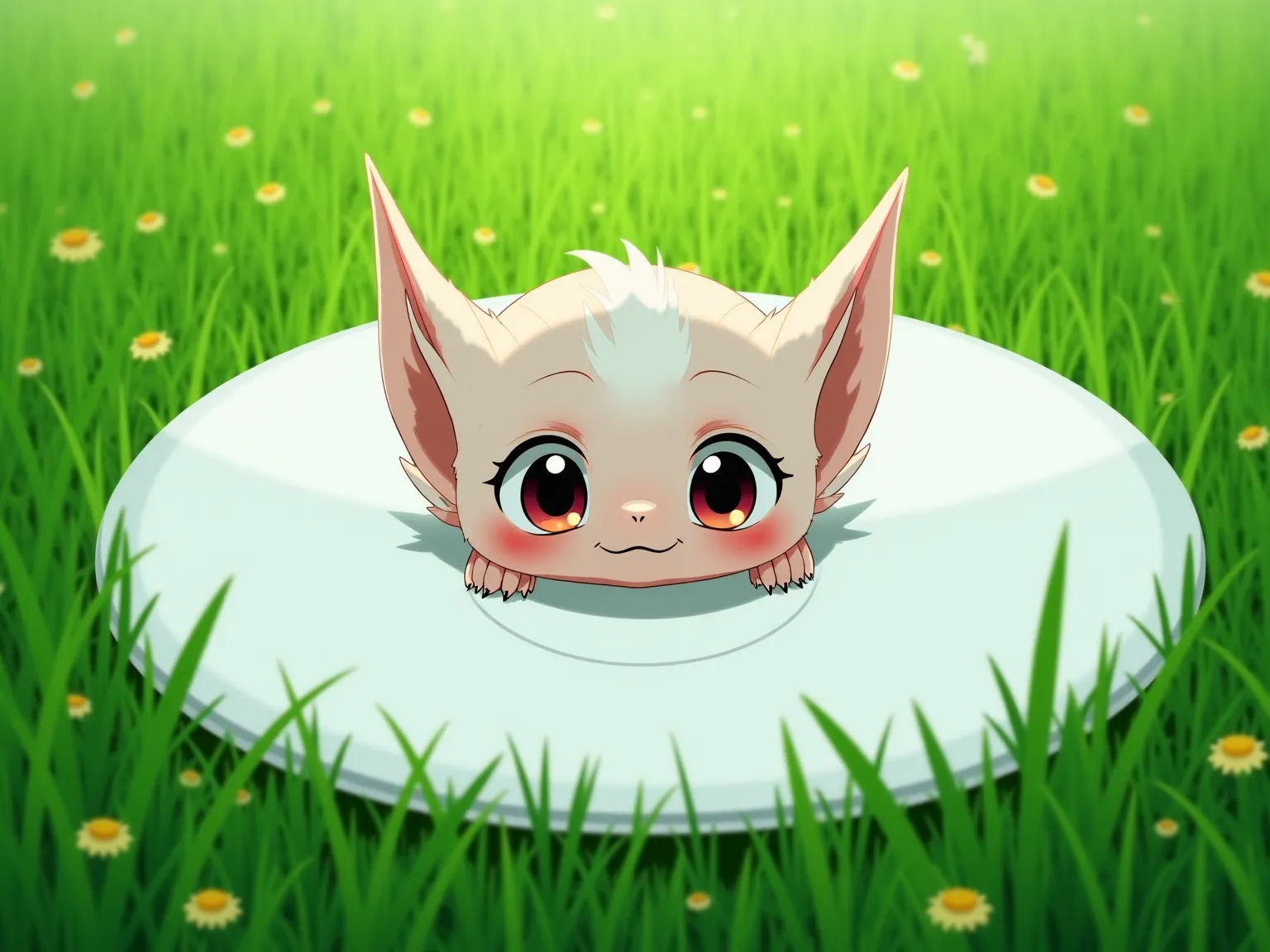 Anime style.  goblin head ,  has bright lighting. she's lying on a white plate. in a green meadow.