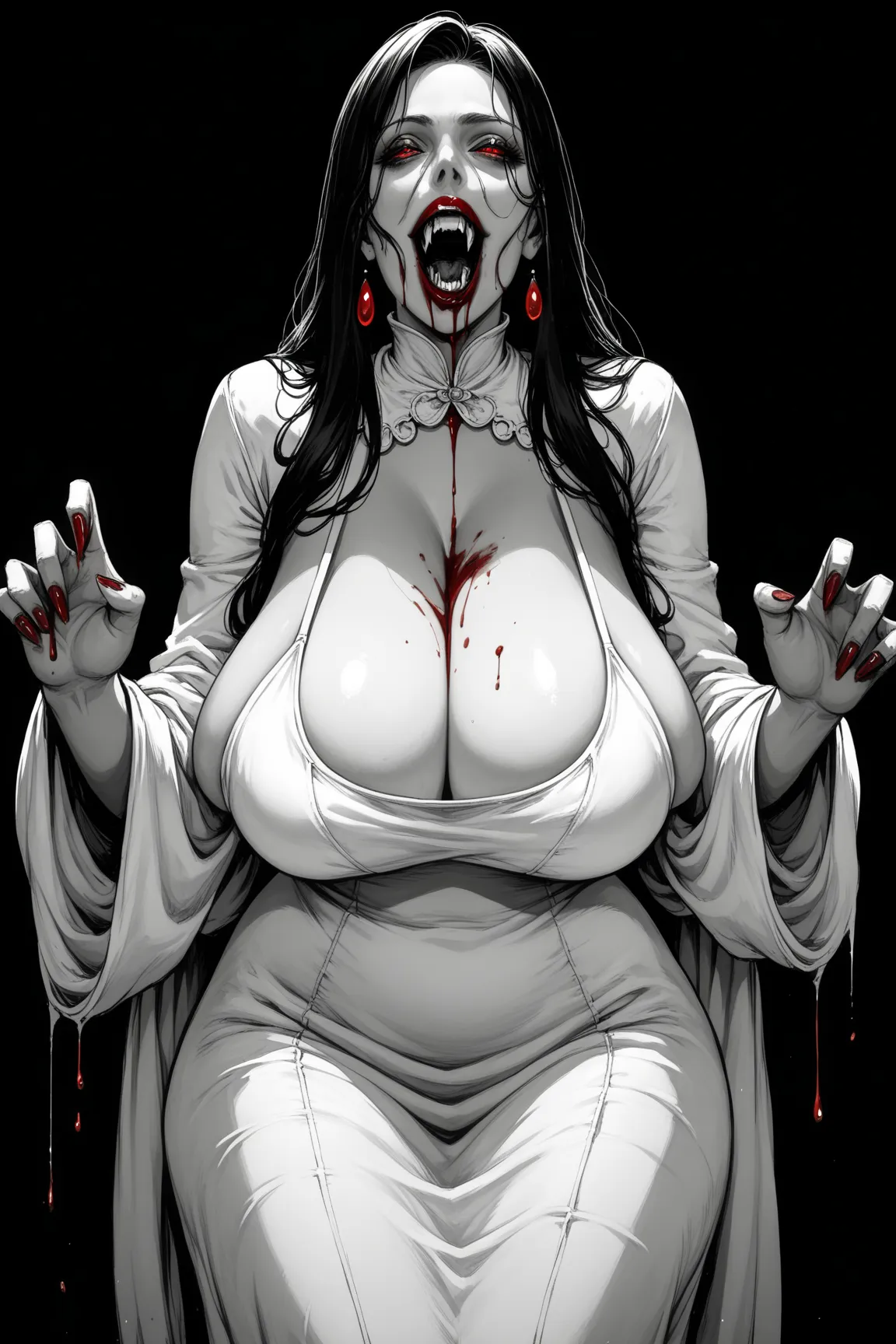 score_9, score_8_up, score_7_up, a vampire girl, open mouth, fangs, red lips, red eyes, seductive look, black hair, colonial dress, white dress, (gigantic sagging breasts), deep cleavage , wide hips, thighs, blood dripping from her mouth, front view, grays...