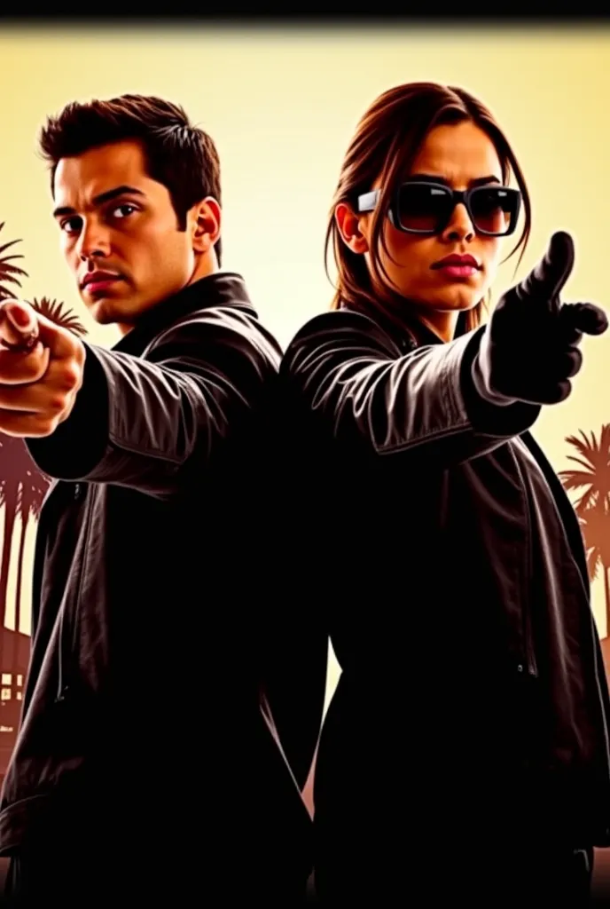 The image size 1280x720  appears to be a stylized thumbnail for a "Grand Theft Auto V" (GTA V) video, possibly gameplay or a series. It features two people wearing black leather jackets, pointing towards the camera with confident expressions. The person on...