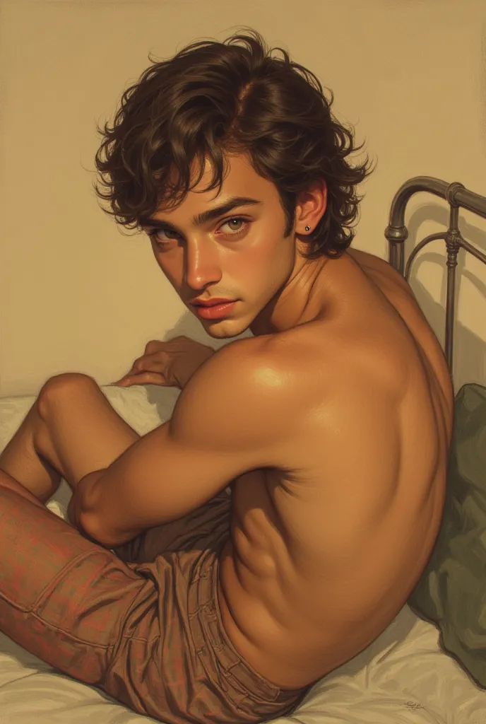 Sketch Strokes in colored pencil: A young man without facial hair 19 years old who looks rough, very attractive with a square jaw,  slapped nose, stare, with medium long dark brown hair, with eyes of a succulent green hunter, Thoughtful,  shirtless to the ...