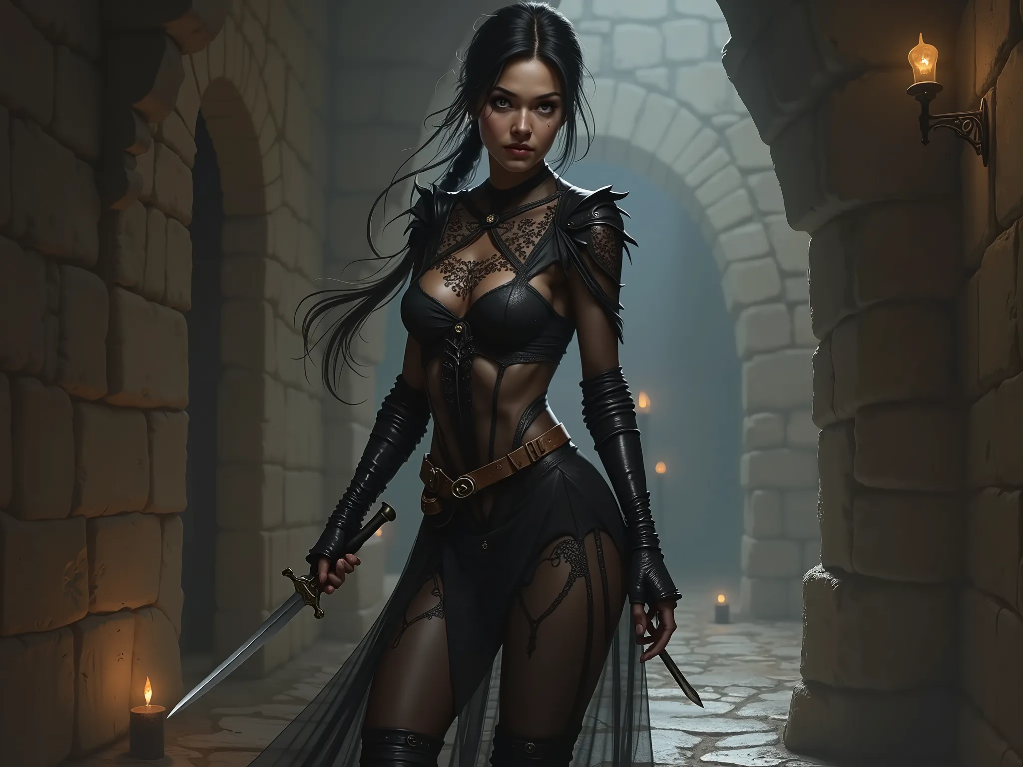 Female European Dungeons and Dragons thief character wearing sheer black pantyhose.