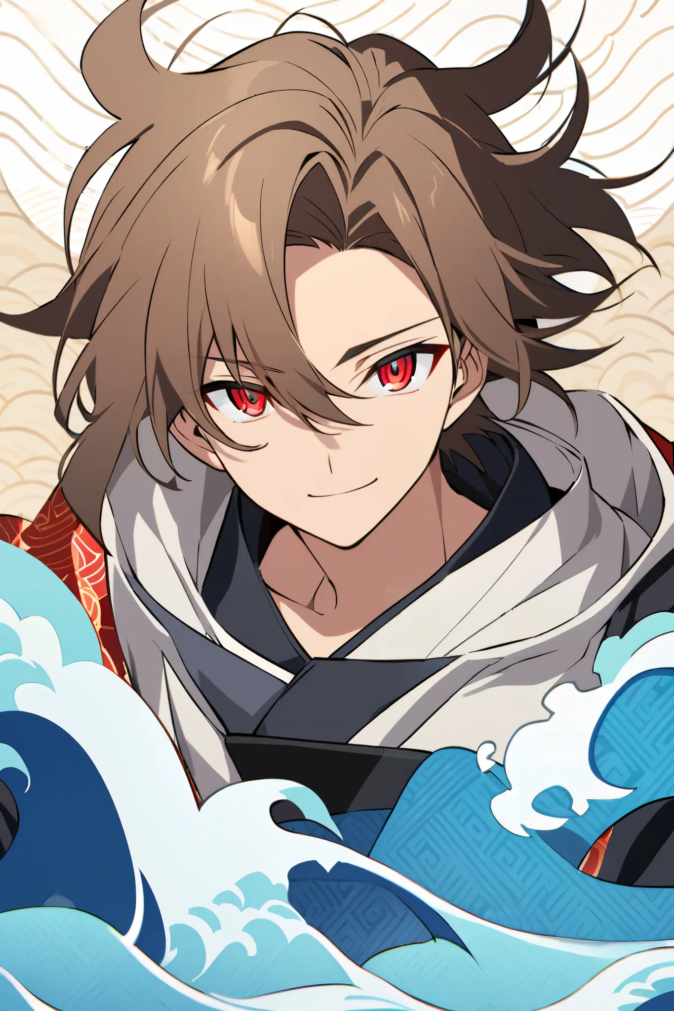 A dark-haired male anime character with light brown hair, red eyes and an invisible smile. The background is a sea wave pattern, conveying a traditional Japanese vibe.