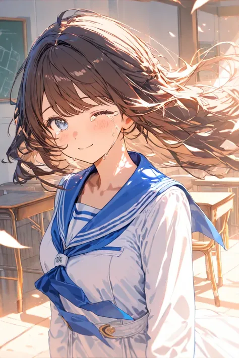 masterpiece,top quality,Super Detail,8k,A girl shedding tears of joy　brown hair long hair　 fluffy　long sleeve navy blue sailor suit　graduation　classroom　My hair sways in the wind　窓に桜