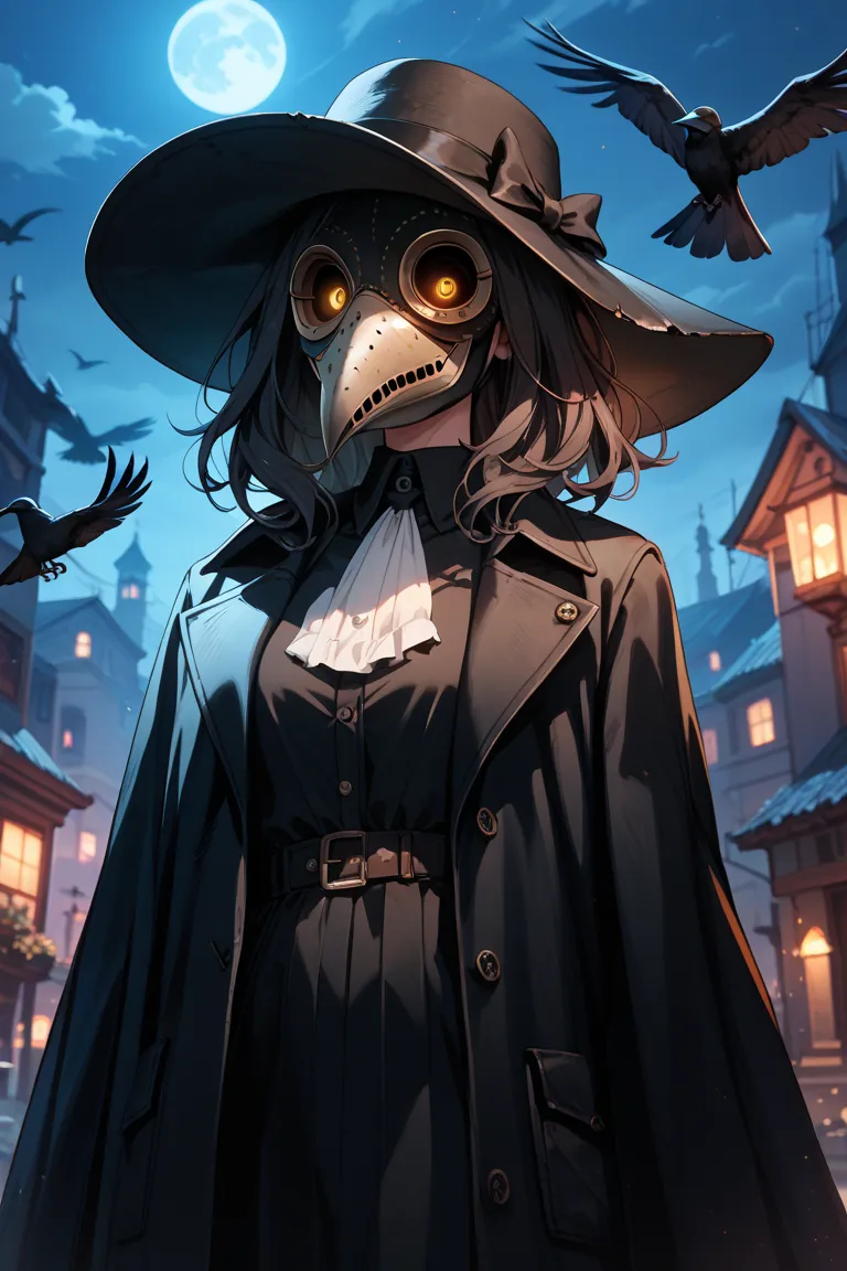 Plague doctor, plague mask covering his face, scary atmosphere, black coat, black folding hat, crow, night, cartoon style