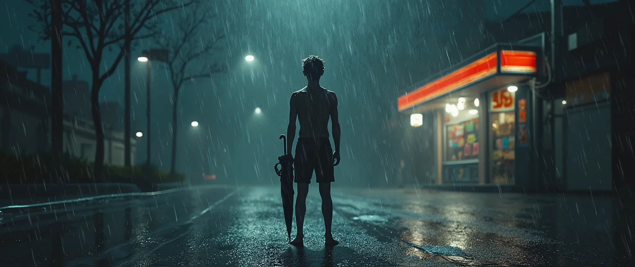 "A young man stood alone in the rain on a street at night. The light from the street lamp cast his shadow on the wet ground, creating a blurry image. His eyes stared at the dark horizon, as if waiting for someone who would never return. The surroundings we...