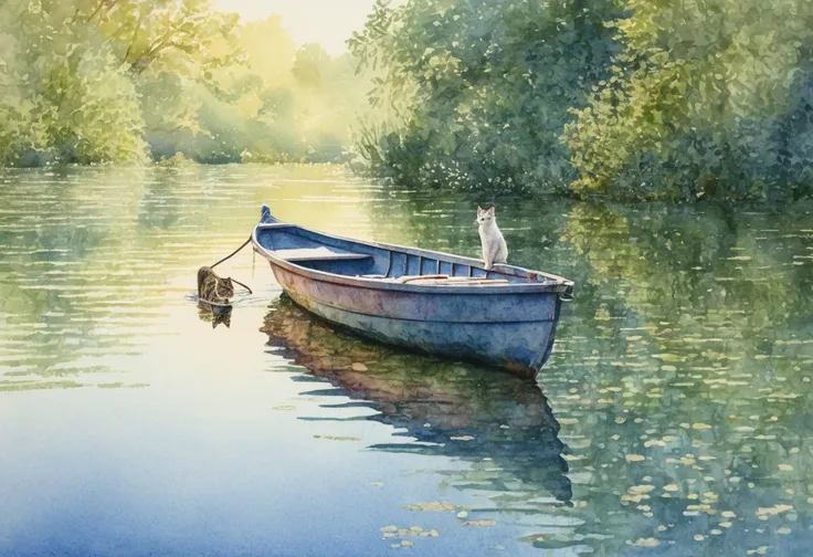 Picture of a cat sitting on a boat on a lake, Jesse Newbery Inspired Watercolor, CG Society Contest Winner, pointillism, Detailed watercolor painting, Detailed watercolor painting, Delicate soft painting , A Quiet and Satisfying Picture,  a calm afternoon ...