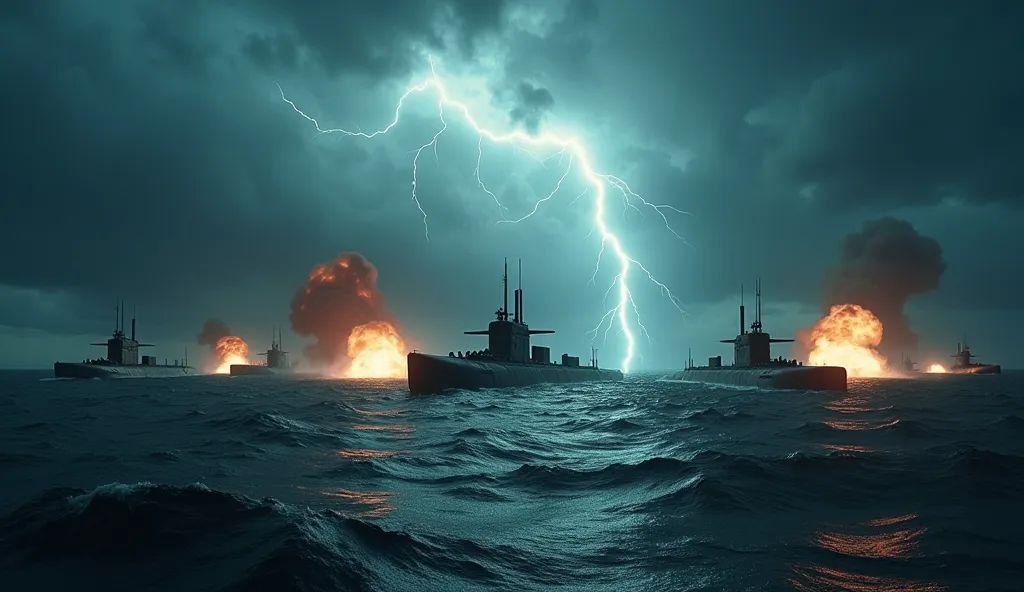 A dramatic scene of an underwater battle with submarines firing and creating large explosions in the water. The sky is filled with dark clouds and lightning, illuminating the scene. The scene is filmed in a cinematic style, with a low and wide camera angle...