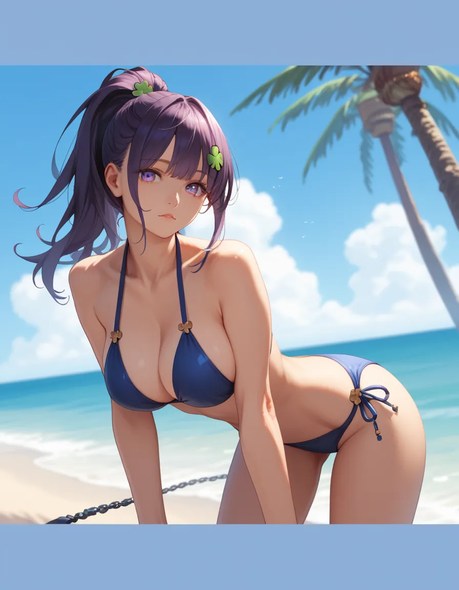 ( MASTERPIECE , top quality, ultra detail, best shadow), (detailed face), high contrast due to , Best lighting, Very cute woman , ( Lantern), Shortcut, (purple eyes, blue bikini), strand, noon, blue sky, perfect fingers, The Golden Rule, big breasts, clove...