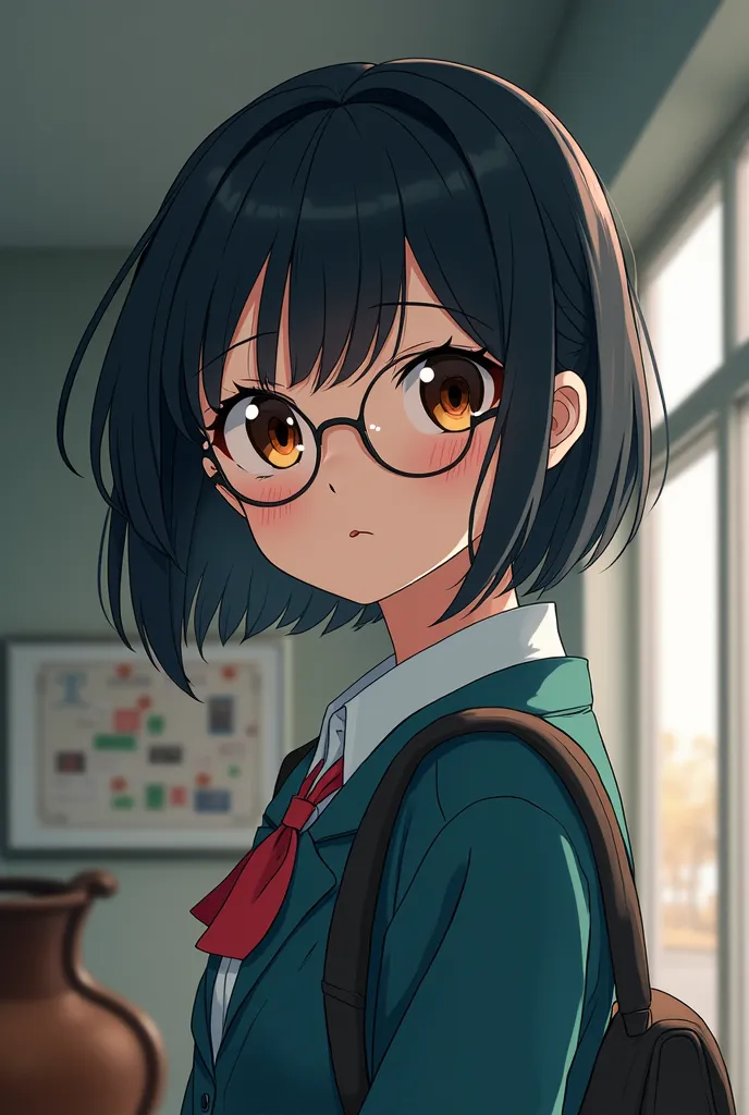 A 16-year-old Japanese female student who is 153 cm tall, has short dark hair, and glasses in Japanese anime style, is a quiet and intelligent bass player with a quiet, intelligent personality