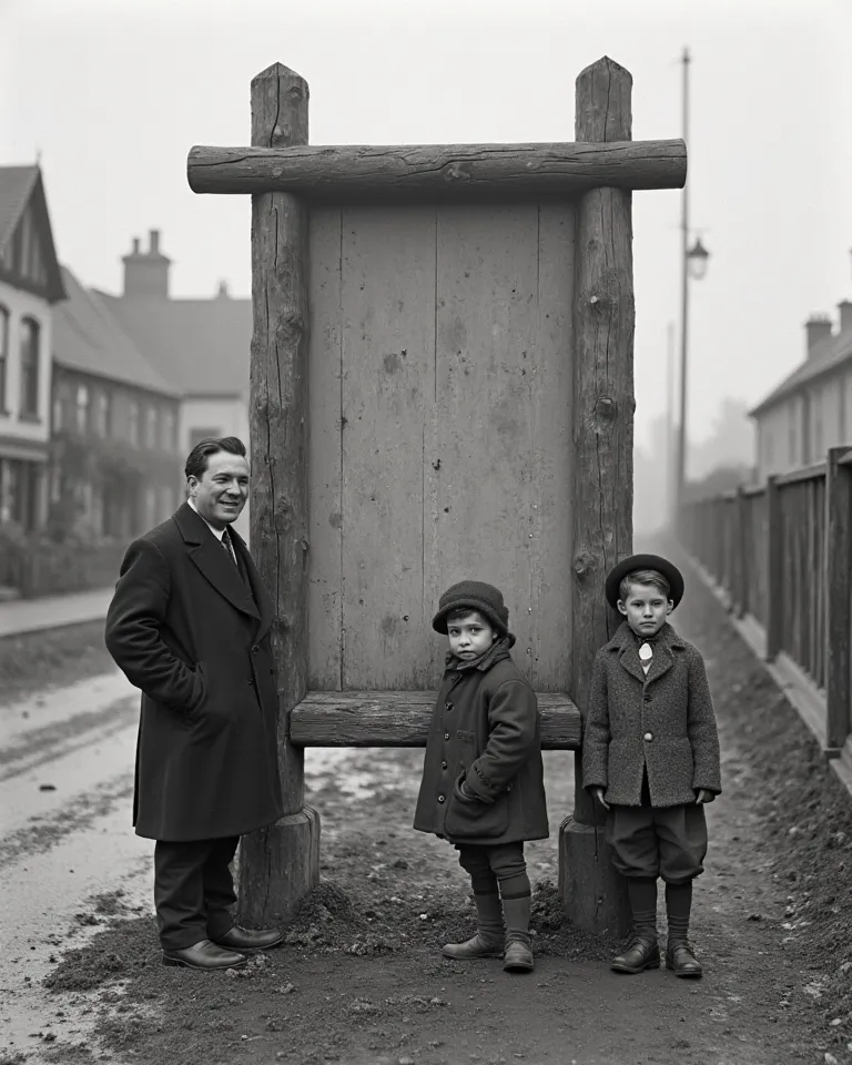 A black-and-white vintage-style photograph features a large wooden signboard at the center, occupying over 60% of the frame. The sign has slightly worn edges, enhancing its historical authenticity. It is supported by two wooden posts, firmly planted in a d...