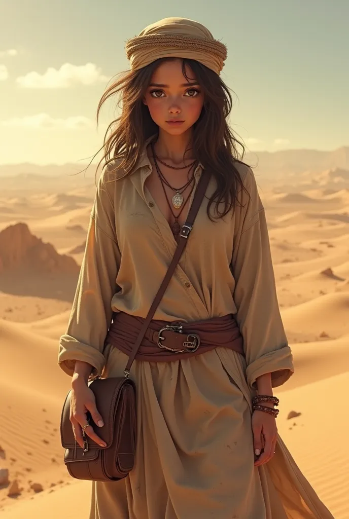 Arab,poor,homeless, sad, in a desert , tanned skin, wearing cheap clothes, old years ,female , 18 years old, anime style, is vintage, old era, dirty, skinny, desperate, mature body but skinny ,vintage arab clothes 