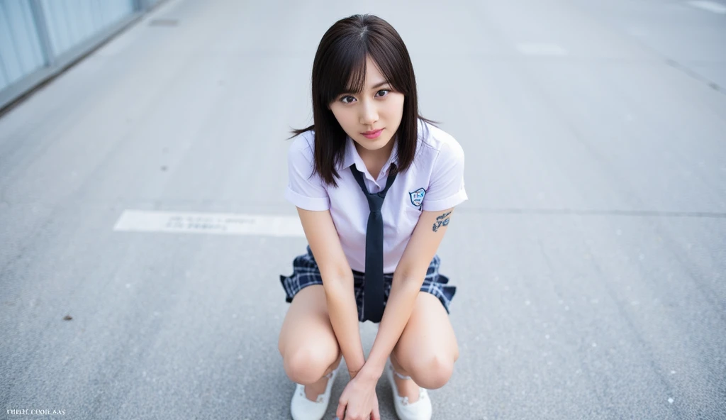 top quality, super high resolution ,high school girl,1 person,full body,  black hair, sensual expression,staring at the camera,beautiful skin, high school uniforms , tie,Low chest,small breasts,check skirt,White panties,thigh,after school,classroom,legs sp...